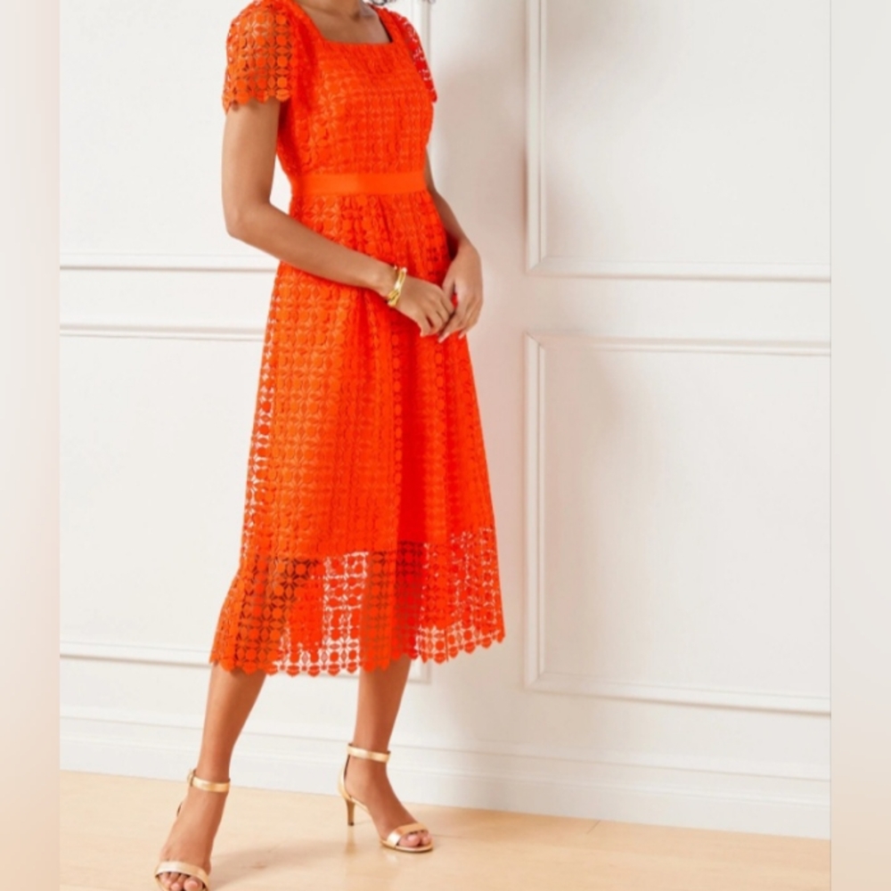 Talbots Lace Fit & Flare Dress Bright Orange Size 8P NWT Square Neck Pockets